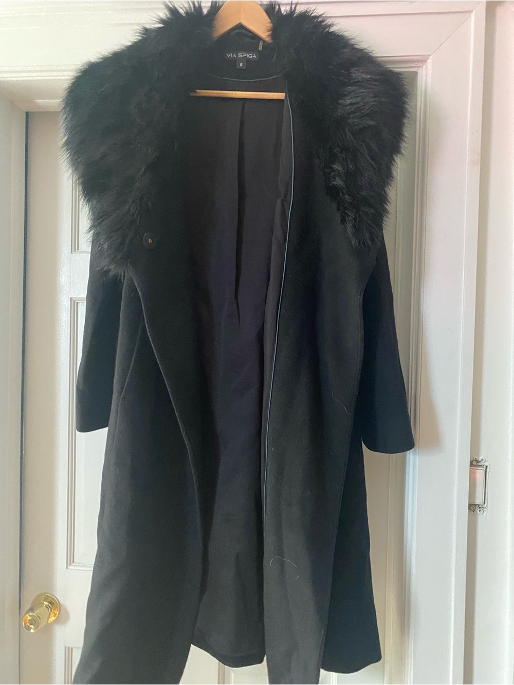 Via Spiga Black Women's Long Coat with Faux Fur Collar